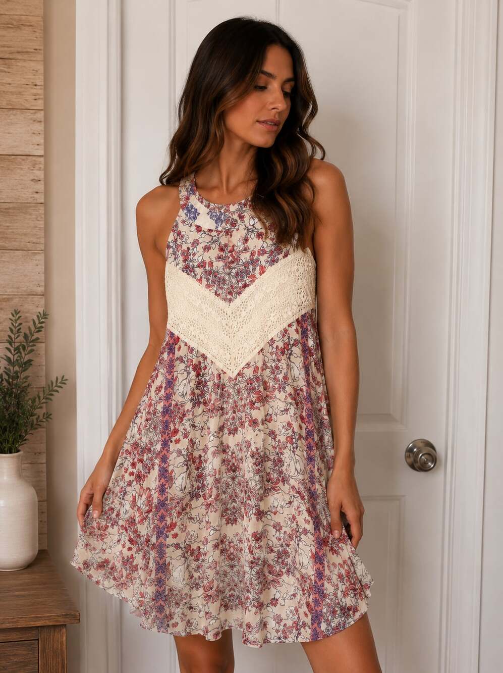 Altar'd State Women's Floral Print Sleeveless High-Neck Mini Dress with Lace Tri